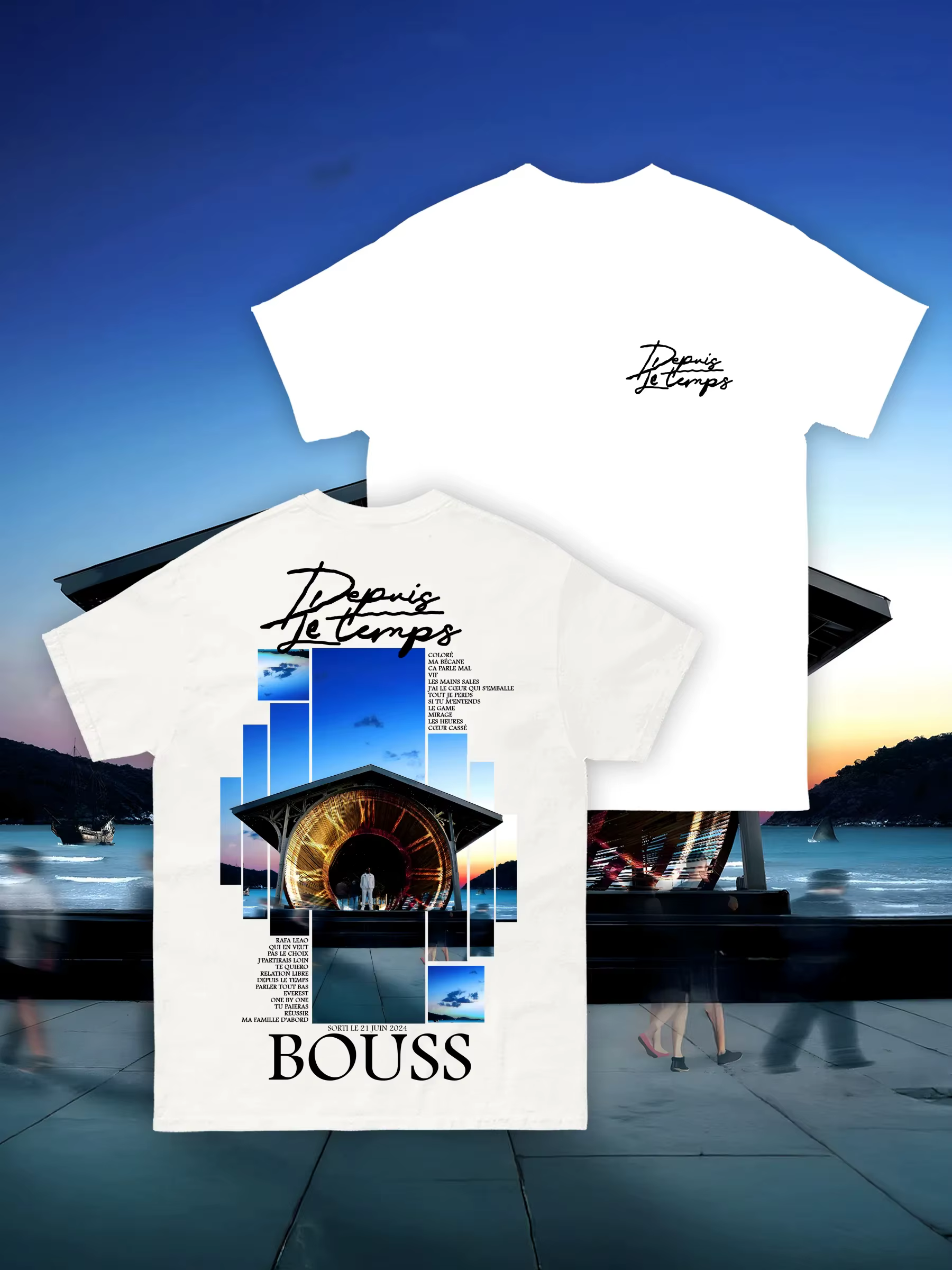 T-shirt imprimé du rappeur français Bouss, avec graphique de l'album ET SI J'ECHOUE, en coton doux, 
