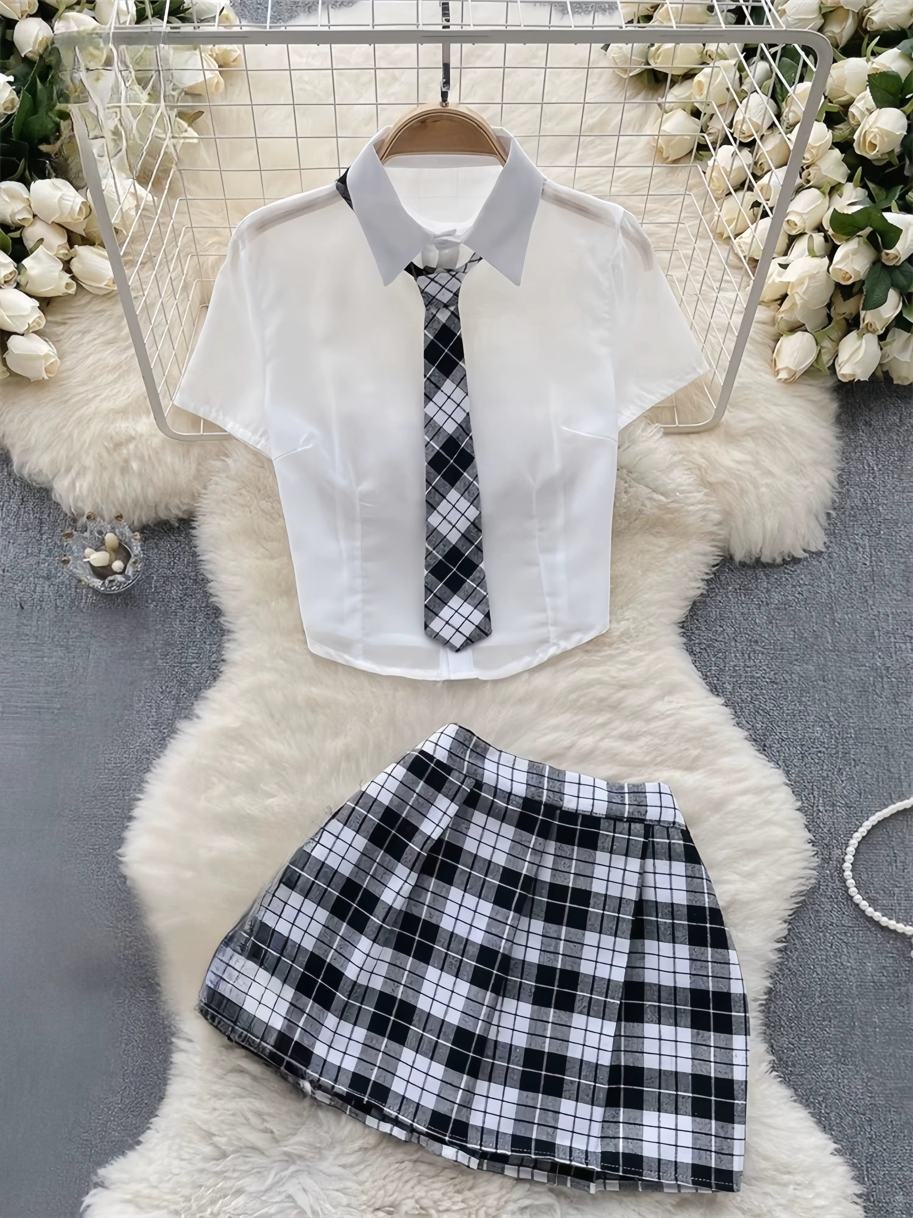 Ensemble uniforme JK à carreaux, chemisier à manches courtes et jupe plissée, costume uniforme confo