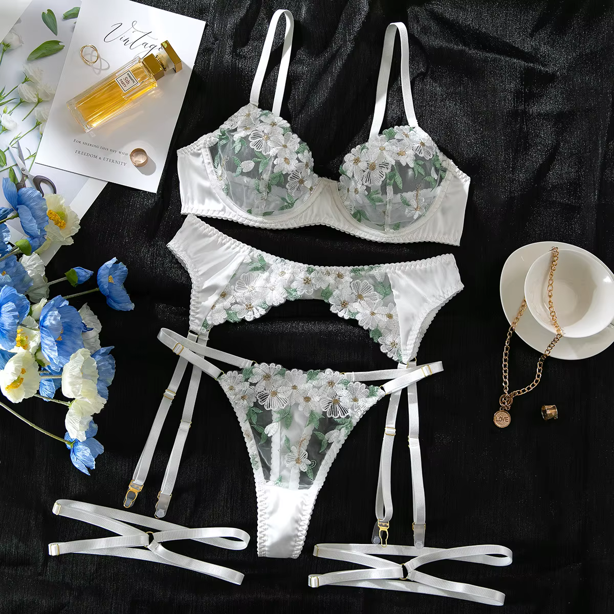 Ensemble de lingerie sexy pour femmes, 3 pièces, broderie florale, lingerie érotique sexy, ensembles