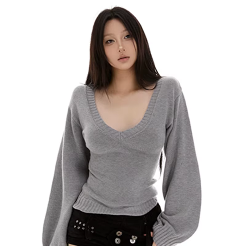 Pull tricoté à manches longues pour femme, Streetwear, mode Sexy, col en V, lanterne coréenne Y2K, a