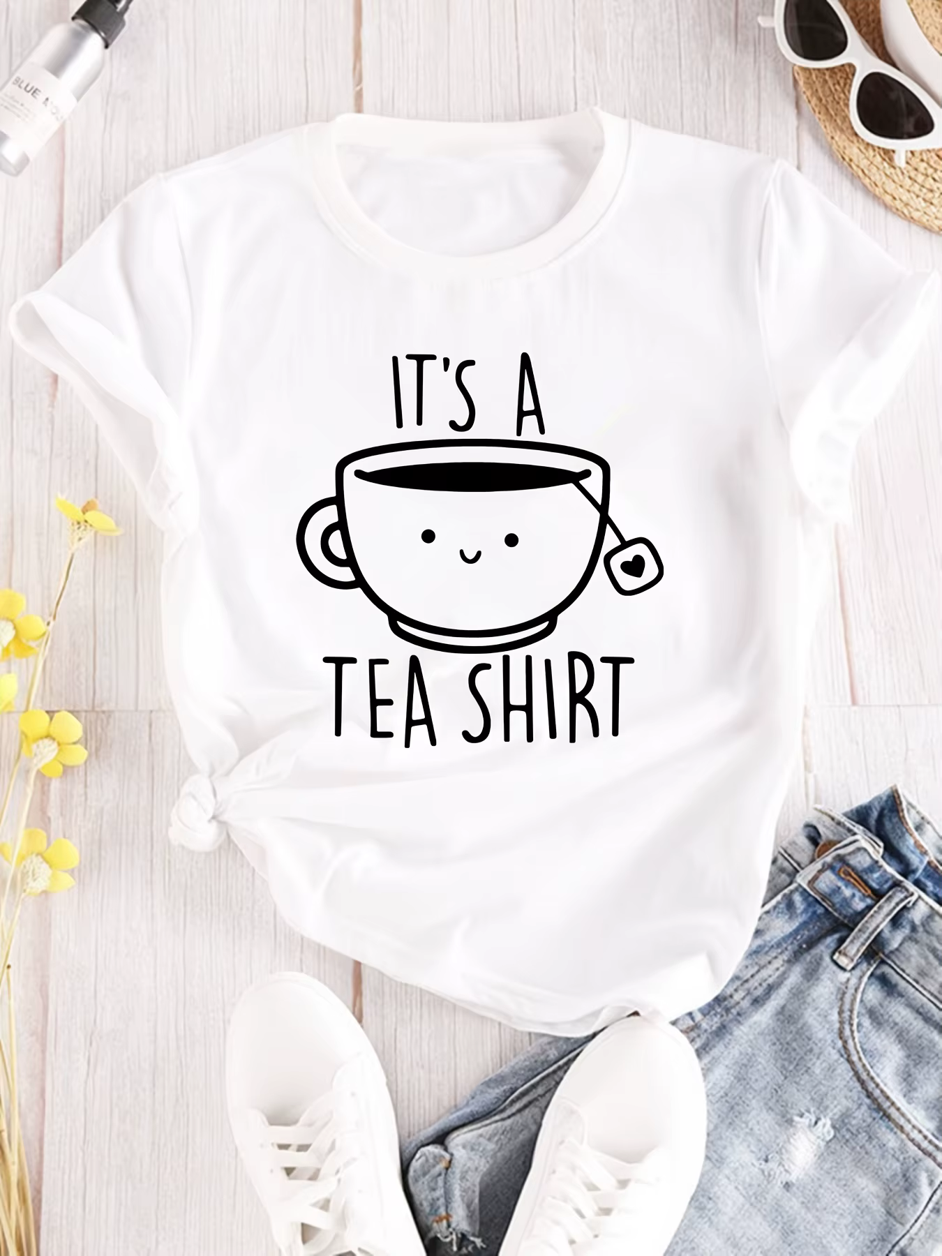 T-Shirt col rond décontracté pour femmes, T-Shirt à la mode avec "C'est une chemise de thé", motif d
