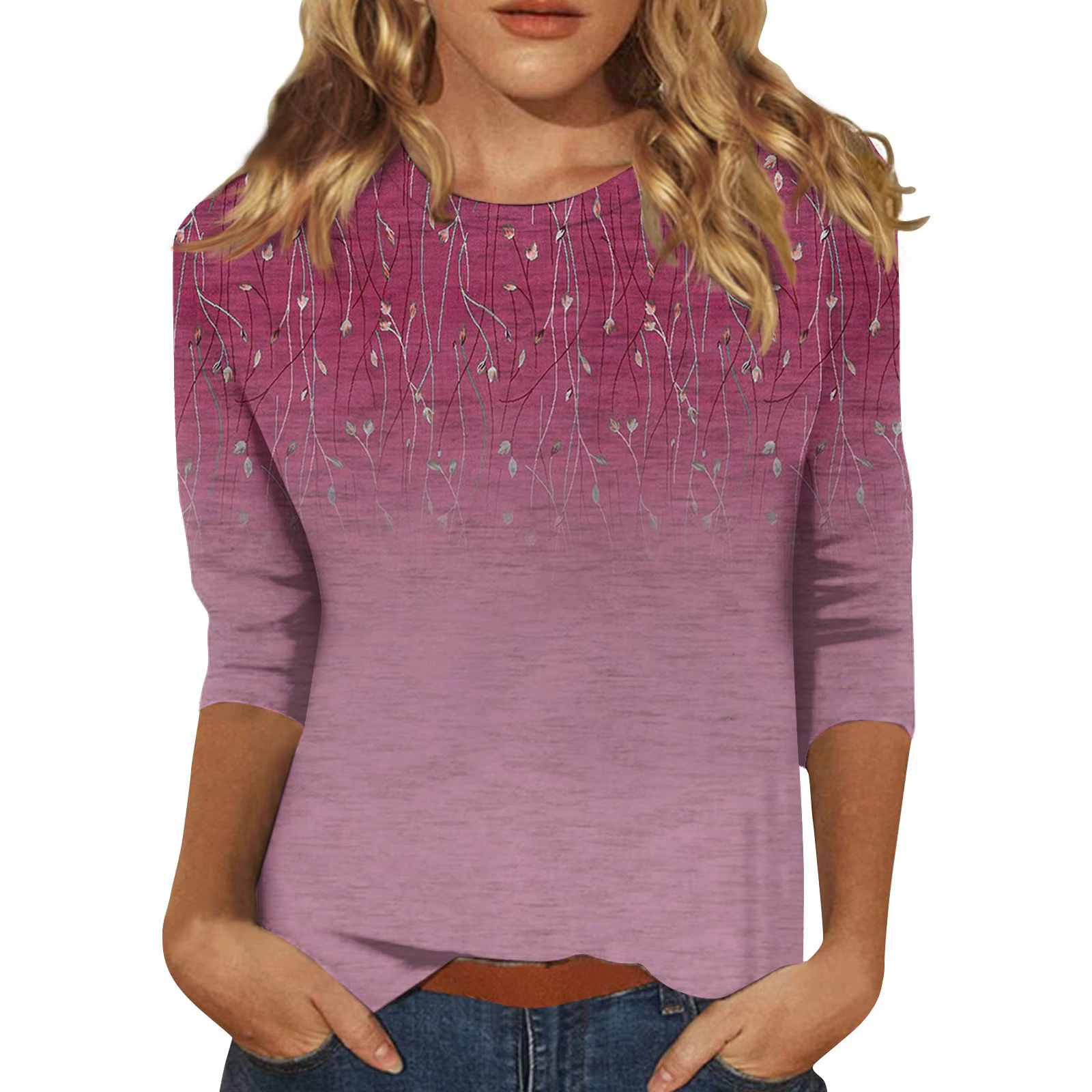 T-shirt à manches trois-quarts à col rond pour femmes, chemisier décontracté, haut imprimé, mode pou