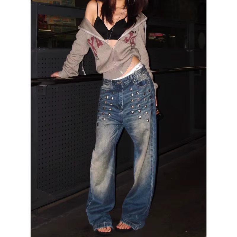 Jean Vintage pour femmes, pantalon ample, jambes larges, longueur au sol, délavé et en détresse, Des