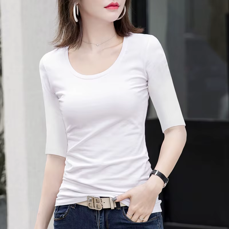 MRMT 2026 Nouveau T-shirt blanc pour femme à manches mi-longues, haut ajusté à col rond pour femme