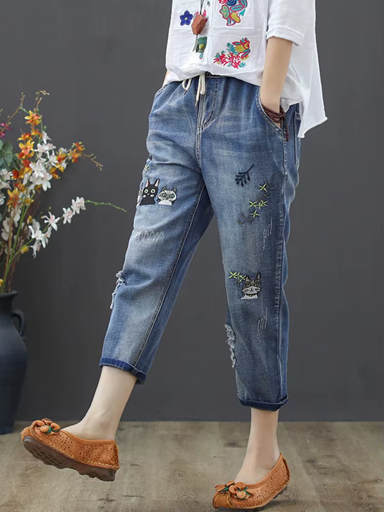 Amax luluE 2025 mode été Streetwear Denim pantalon dames Vintage élastique jean femmes décontracté a