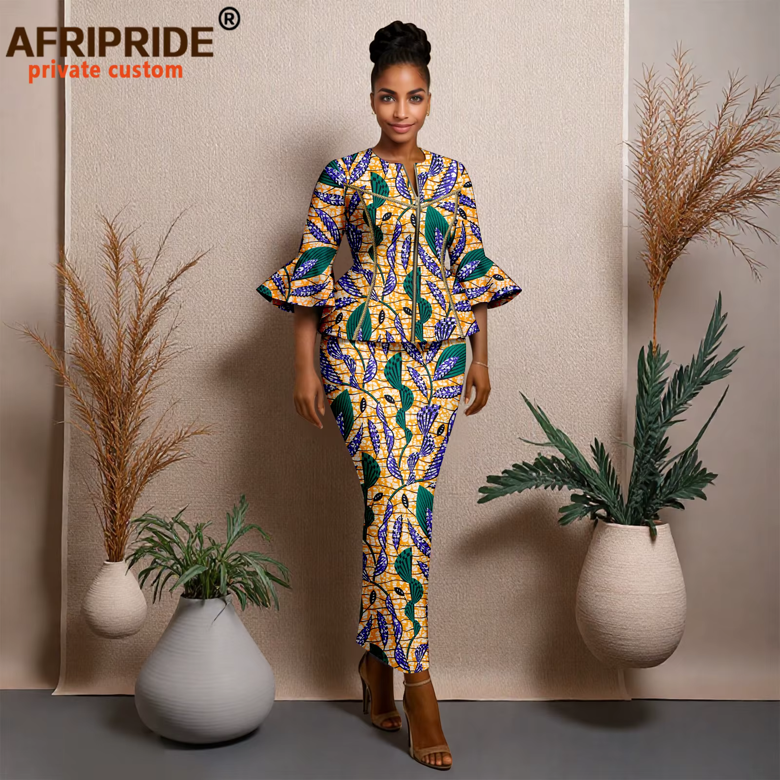 Vêtements africains pour femmes, chemises à demi-manches avec fermeture éclair et jupes mi-longues, 