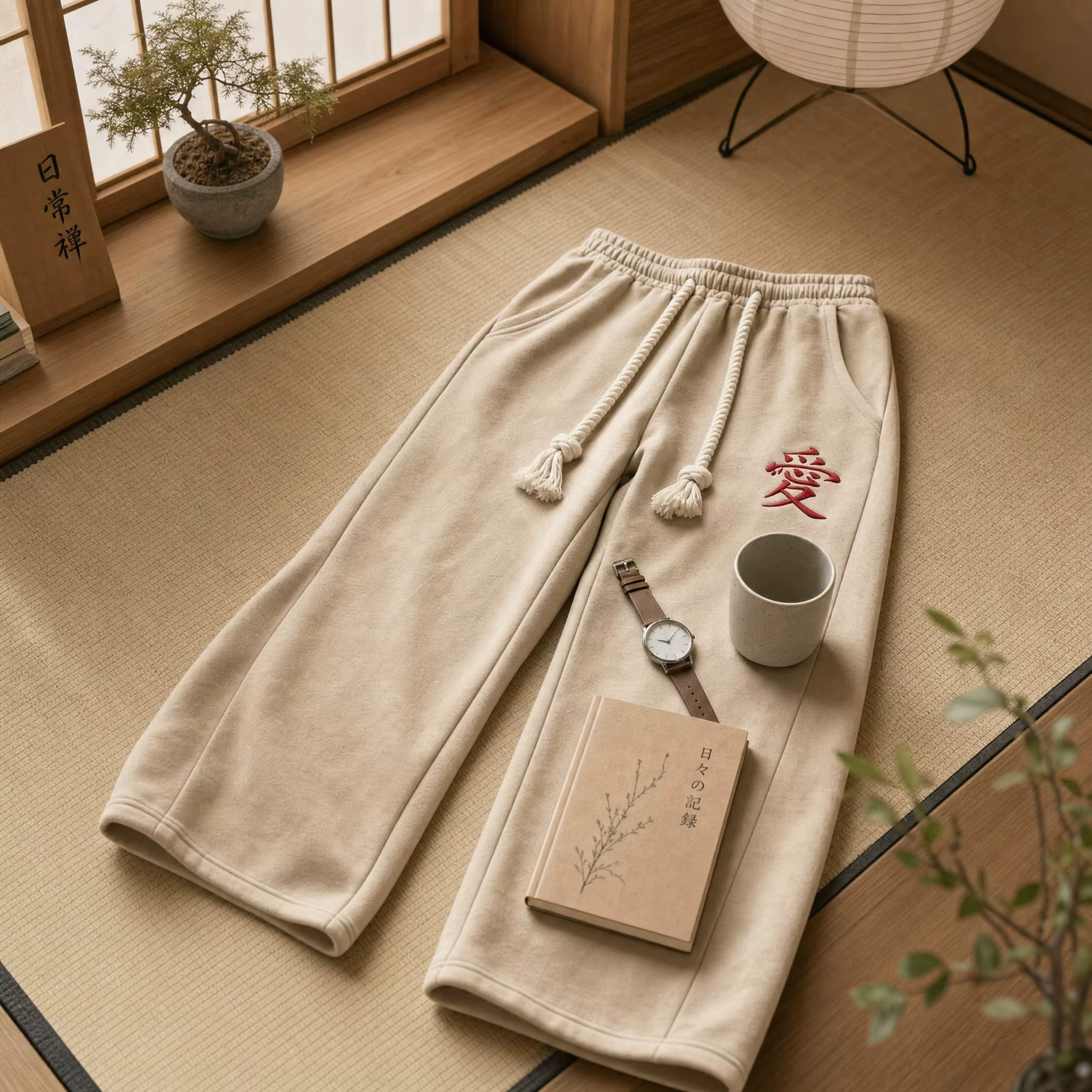 Pantalon de survêtement beige unisexe avec broderie rouge motif cœurs chinois, taille à cordon, coup