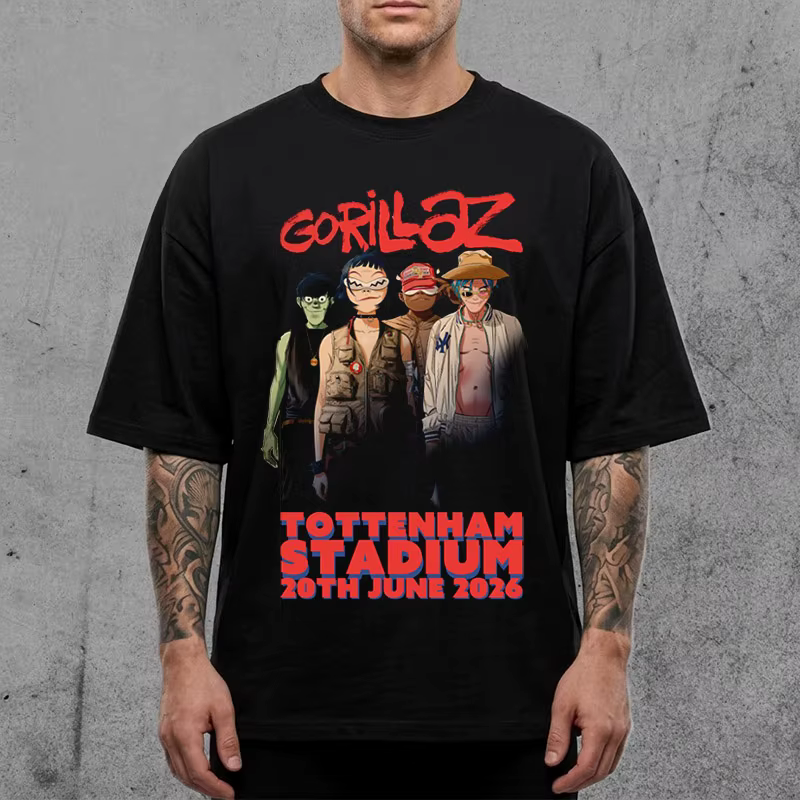 Gorillaz TOTTENHAM STADIUM 20TH JUNE 2026 Merch Summer T Shirt Coton Unisexe Hommes Femmes T-Shirt F