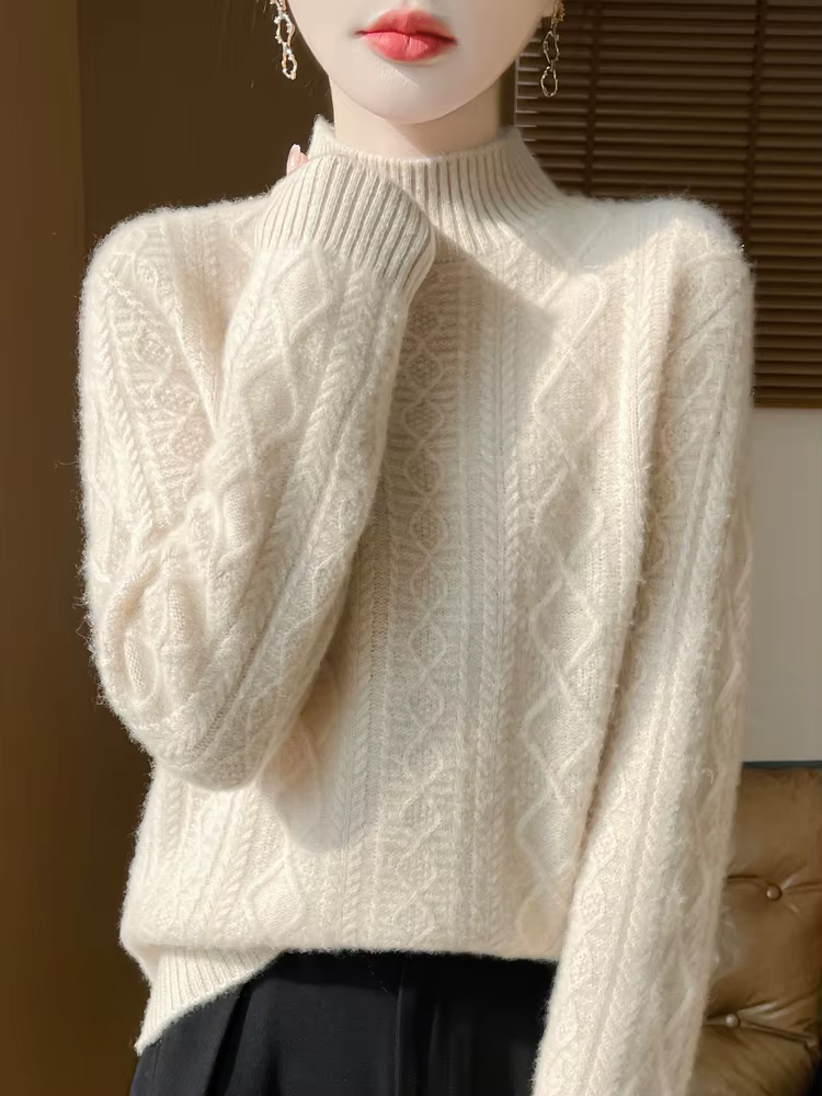 100% laine mérinos pull femmes automne hiver pulls col montant cachemire tricots doux chaud confort 