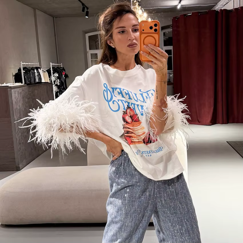T-shirt imprimé patchwork plumes tendance pour femme, col rond décontracté, manches mi-longues, coup