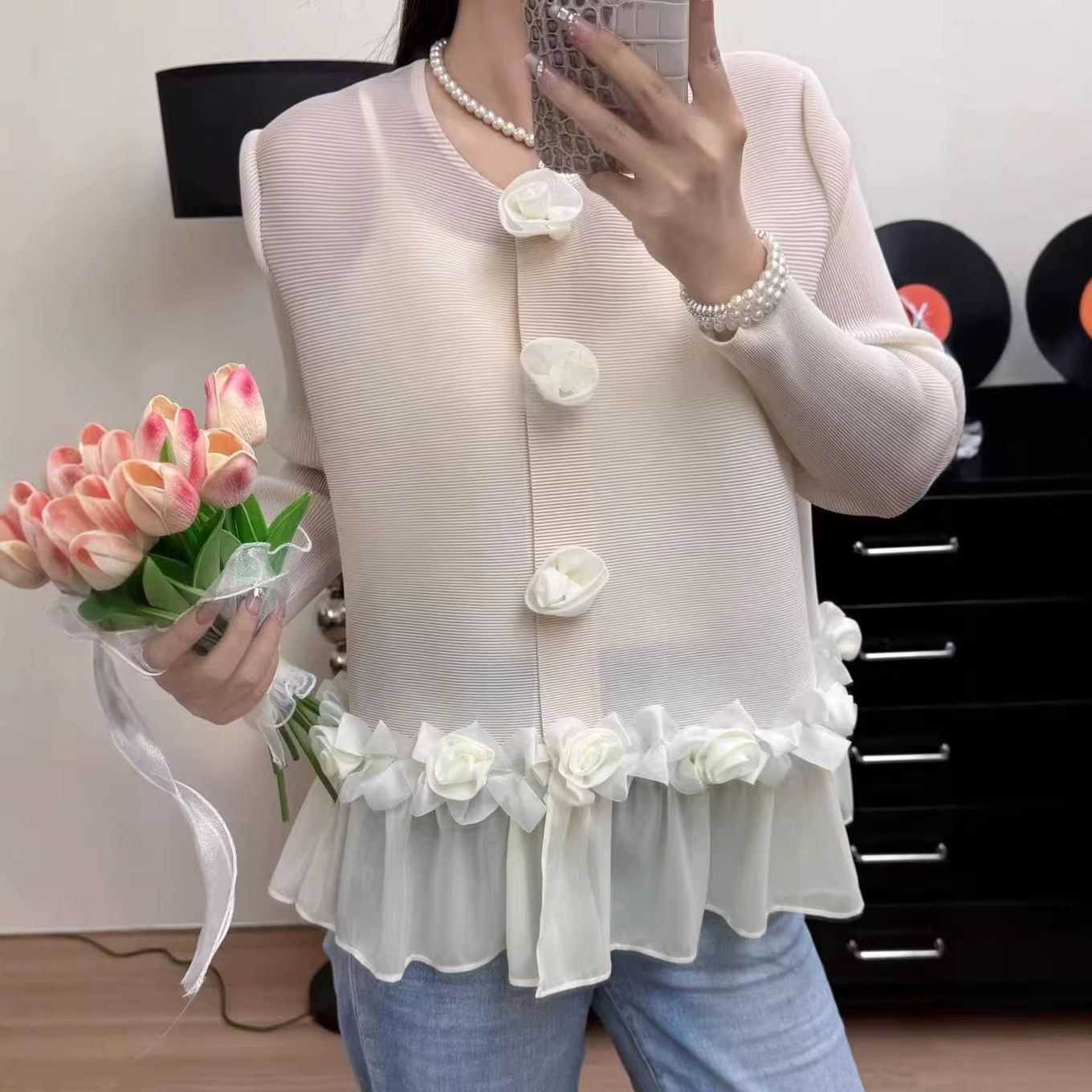 T-shirt haut de gamme pour femme avec design unique, motif floral 3D, couleur unie, élégant, jeune e