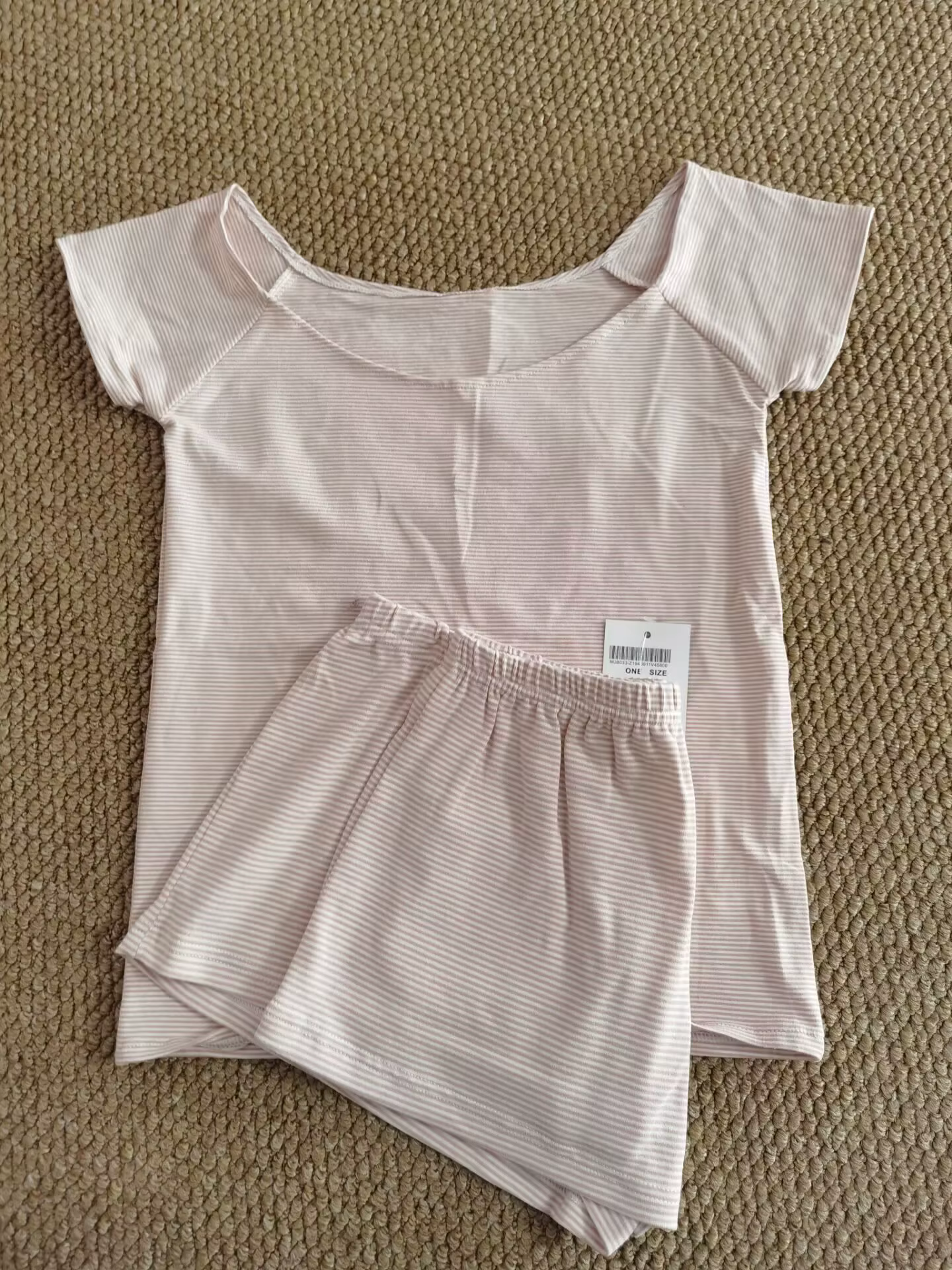 Ensemble T-shirt et short rayé rose doux pour femme, haut court Slim à col Slash + short de survêtem