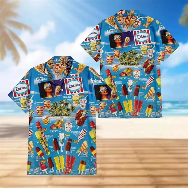 Chemise hawaïenne graphique crème glacée pour hommes, Popsicle froid, chemisier imprimé en 3D, été, 