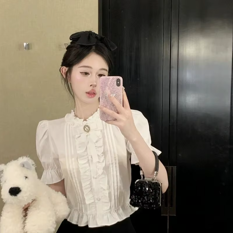 Chemises à manches bouffantes pour femmes, à volants blancs, élégantes, Vintage, bureau, esthétique,