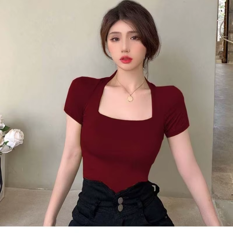 T-shirts Femme Coupe Basse Style Coréen Sexy Y2K Kpop Crop Tops Vintage Rétro Slim Bleu Vêtements Pa