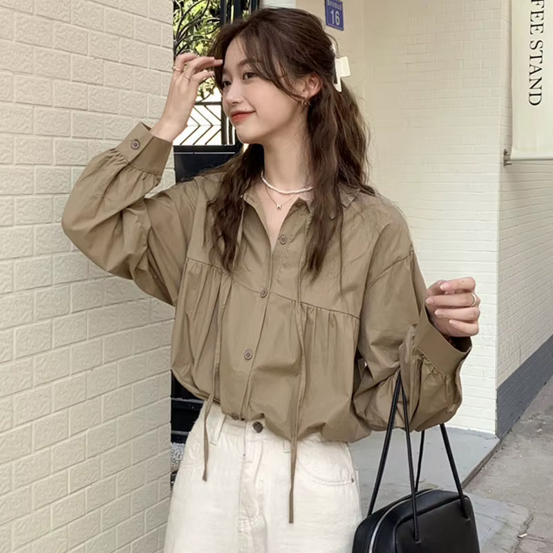 Coréen laçage à manches longues solide bouton Blouse simplicité tout-match mode chemise hauts printe