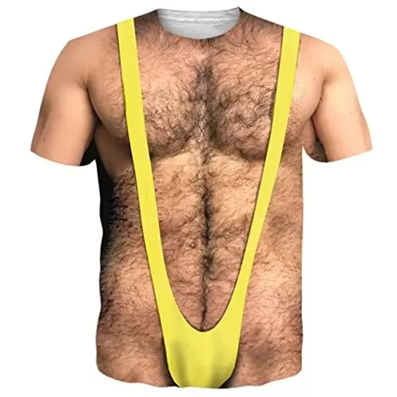 T-shirt graphique drôle pour homme avec poitrine poilue, imprimé 3D, faux abdominaux musclés, manche