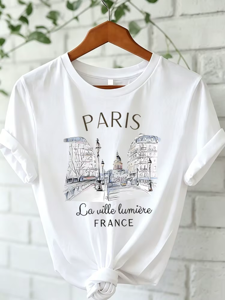 T-shirt imprimé Paris pour femme, taille asiatique 90s, T-shirt décontracté à manches courtes et col