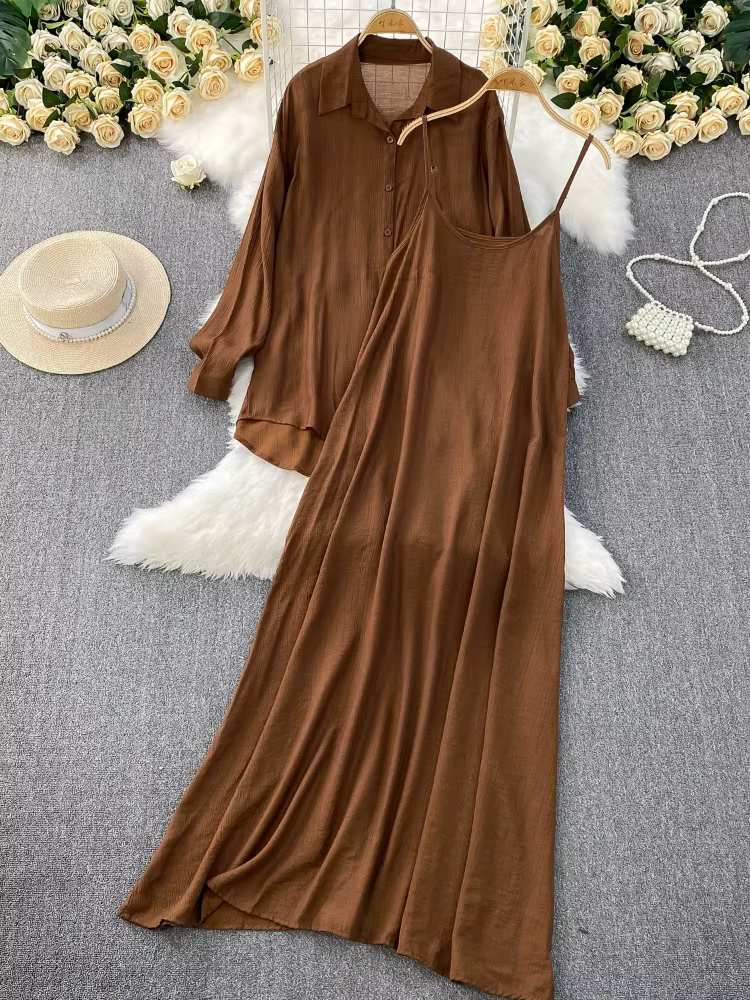 Femmes robe deux pièces ensemble printemps été ample extérieur mince à manches longues petit haut sa