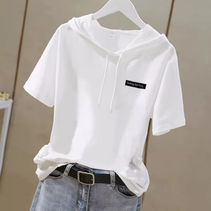 T-shirt blanc à capuche pour femmes, ample, en coton flammé, manches courtes, tendance d'été 2025, T