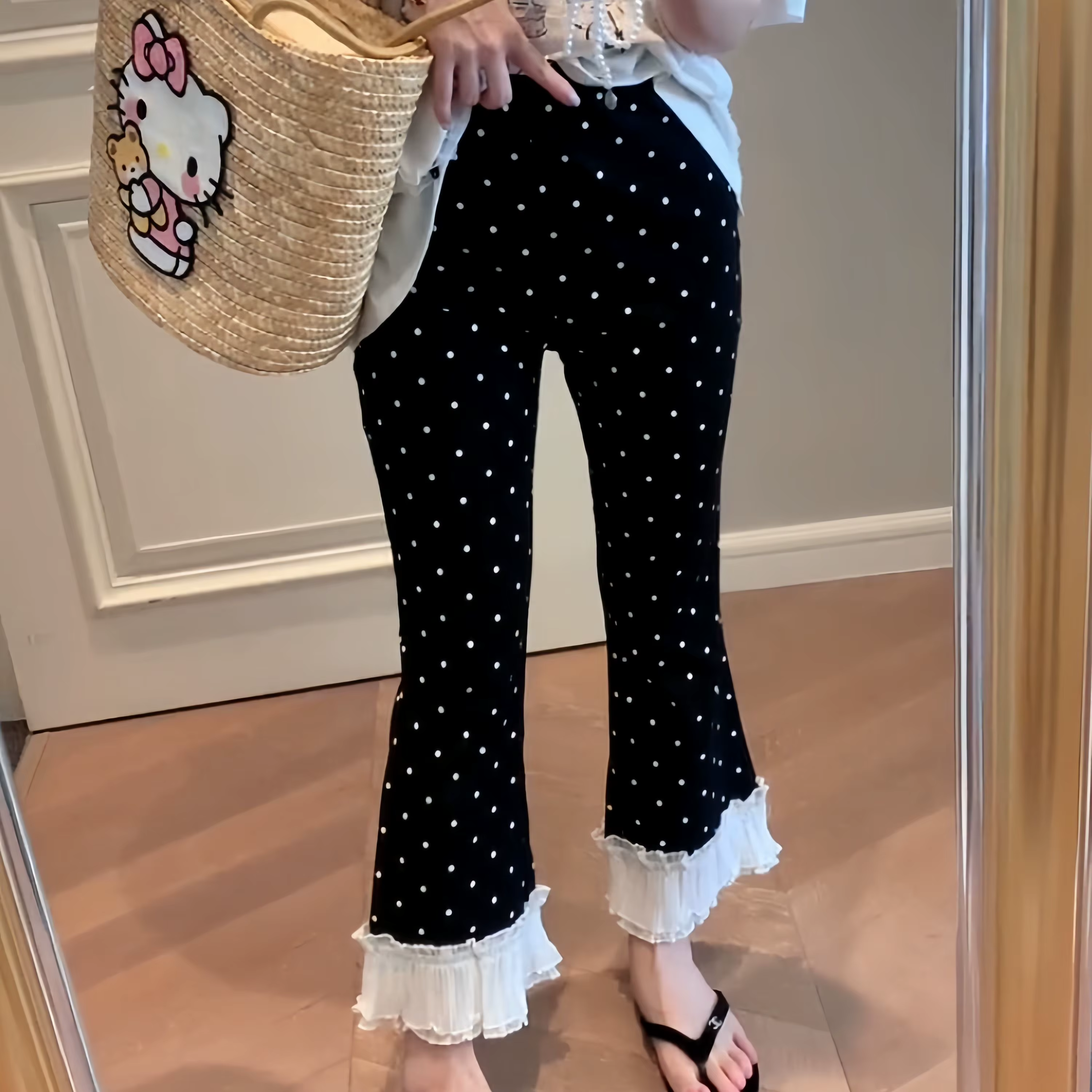 Pantalon 7/8 décontracté à pois avec bordure en dentelle, coupe ajustée et élastique, nouvelle colle