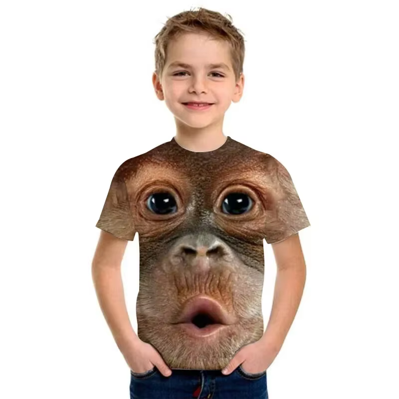 T-Shirts drôles avec visage de singe pour enfants, haut pour garçon, été, manches courtes, vêtements