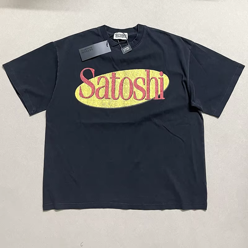 T-shirt Satoshi Nakamoto vintage en coton vieilli, col rond, manches courtes, imprimé lettres, coupe