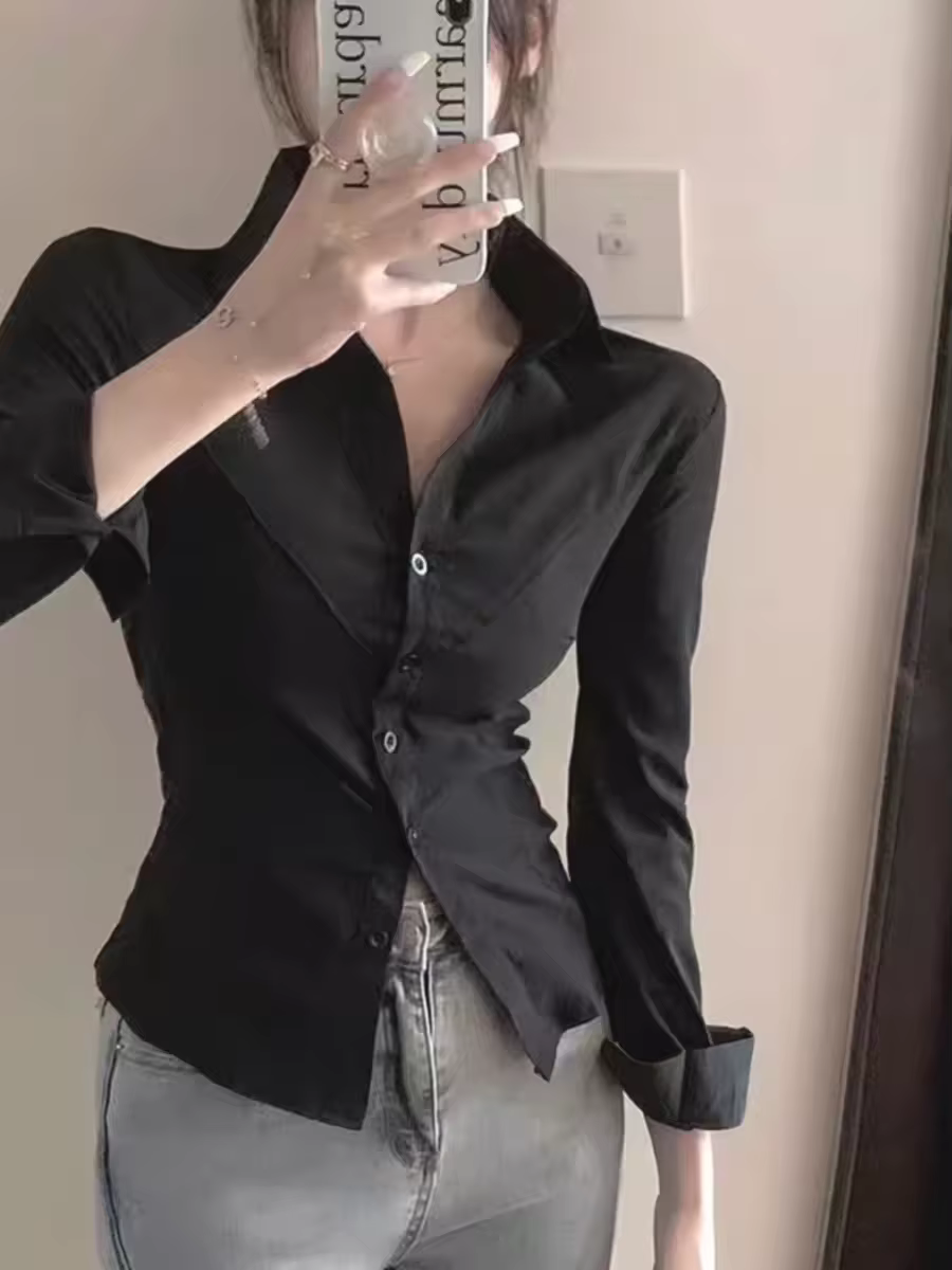 Chemises Sexy pour femmes, haut ajusté à manches longues, couleur unie, Slim, Style américain, chemi