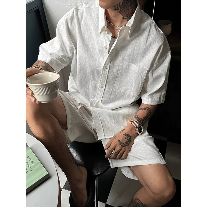 Ensemble décontracté en lin pour homme, chemise à manches courtes et short, tenue complète pour l'ét