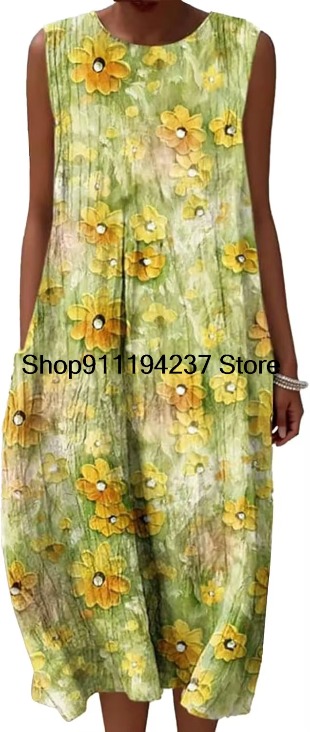 Robe en mousseline pour femmes, tenue de plage sans manches, col rond, tenue décontractée, été
