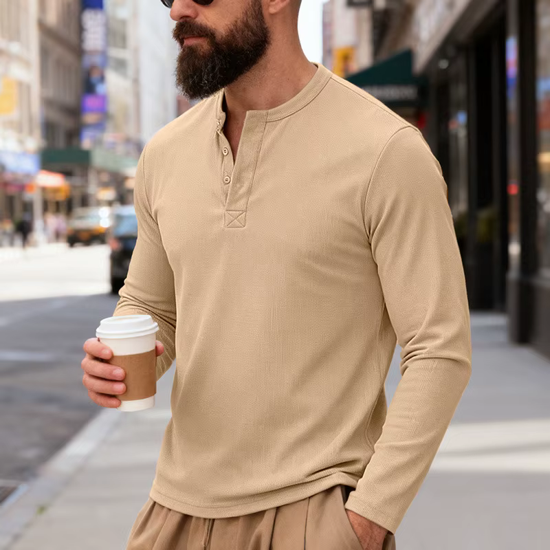 2025 nouveaux hommes à manches longues Henley chemises printemps automne quotidien décontracté coule