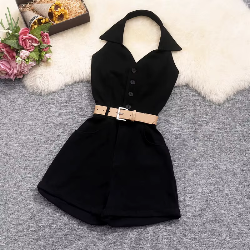 Combinaison de tempérament pour femmes, tunique à simple boutonnage, barboteuse, Sexy, col en v, san