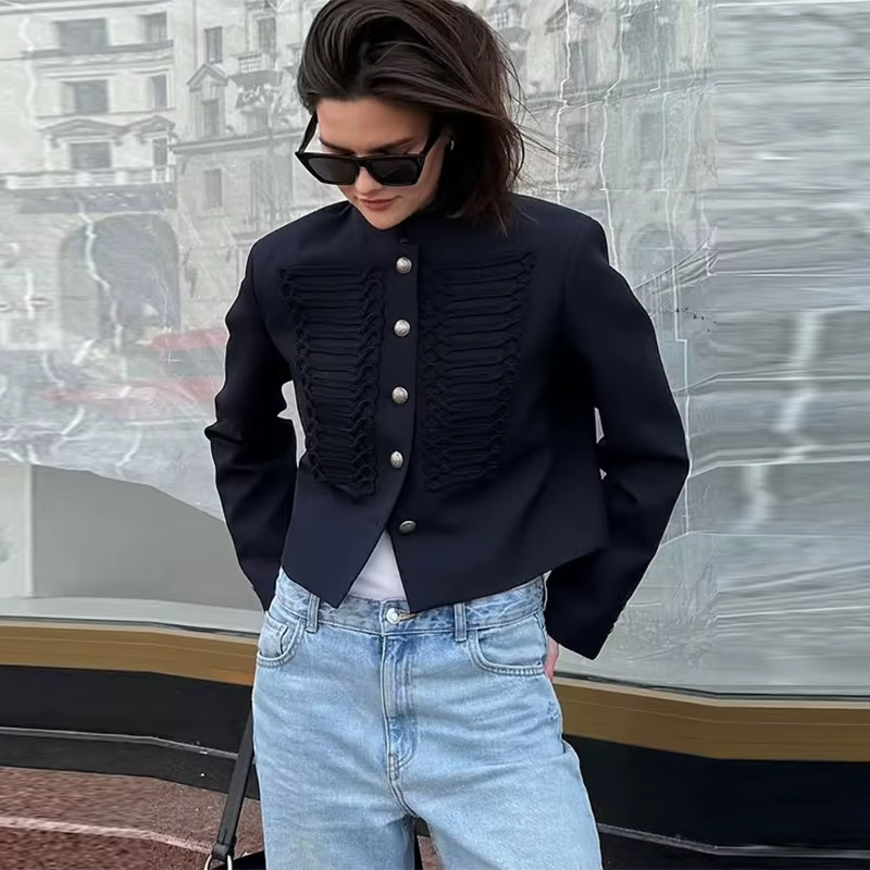 Veste Napoléon pour femme, style militaire vintage, coupe ajustée, courte, avec boutons dorés élégan