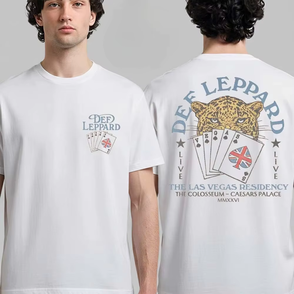 Def Leppard Las Vegas Residency 2026 T-shirt graphique Léopard et Poker, style rock classique, stree