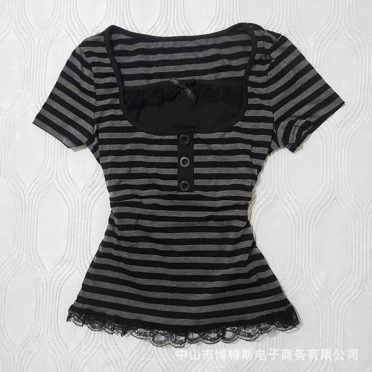 T-shirt vintage slim en dentelle, couleur unie, motif décontracté, style urbain, mode Y2K, crop top,