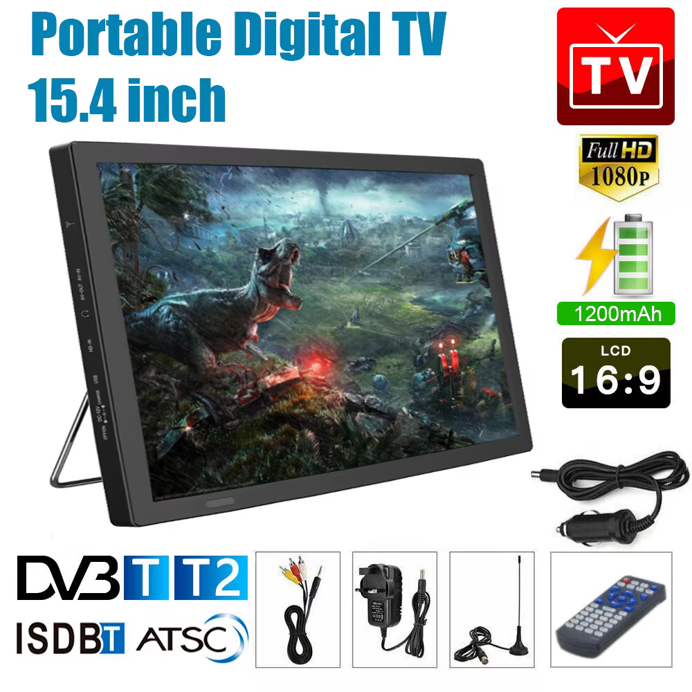 15.4 pouces Portable Mini lecteur de télévision de voiture 1080P HDMI HD lecteur de télévision DVB-T