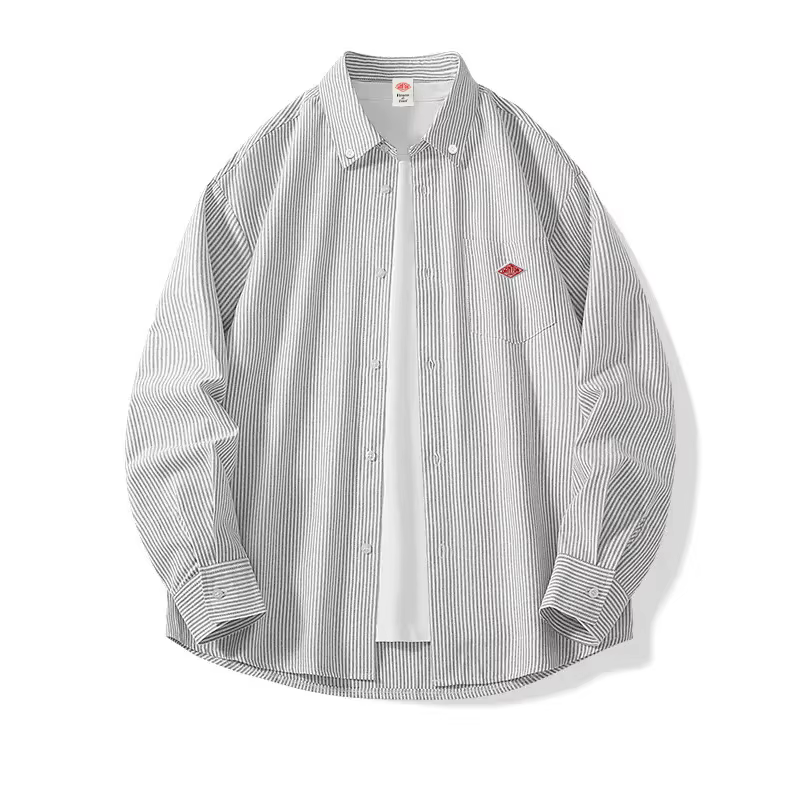 Chemise à manches longues pour homme avec broderie sur la poche, boutons, pur coton, décontractée, r