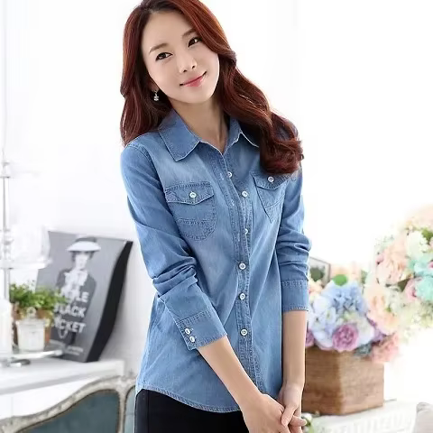 Chemise en Denim de coton à manches longues pour femmes, coupe cintrée, printemps automne été étudia