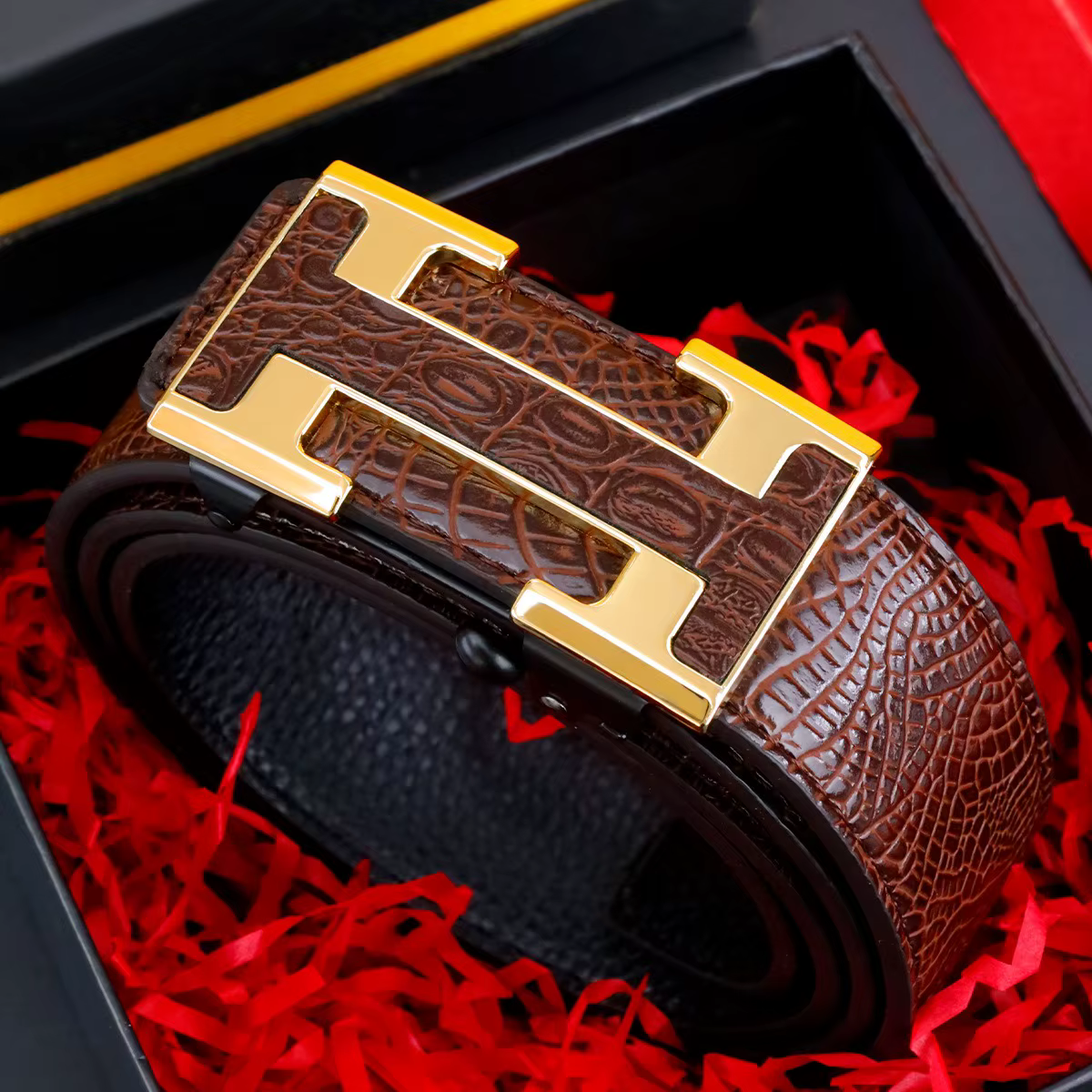 Ceinture élégante à boucle automatique pour hommes – Véritable motif carré texturé en faux, noir, de