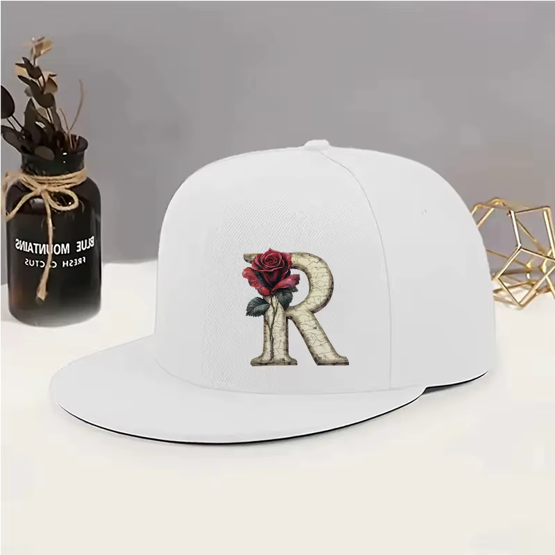 Casquette de baseball décontractée et élégante à visière plate, motif lettre R avec éléments roses, 