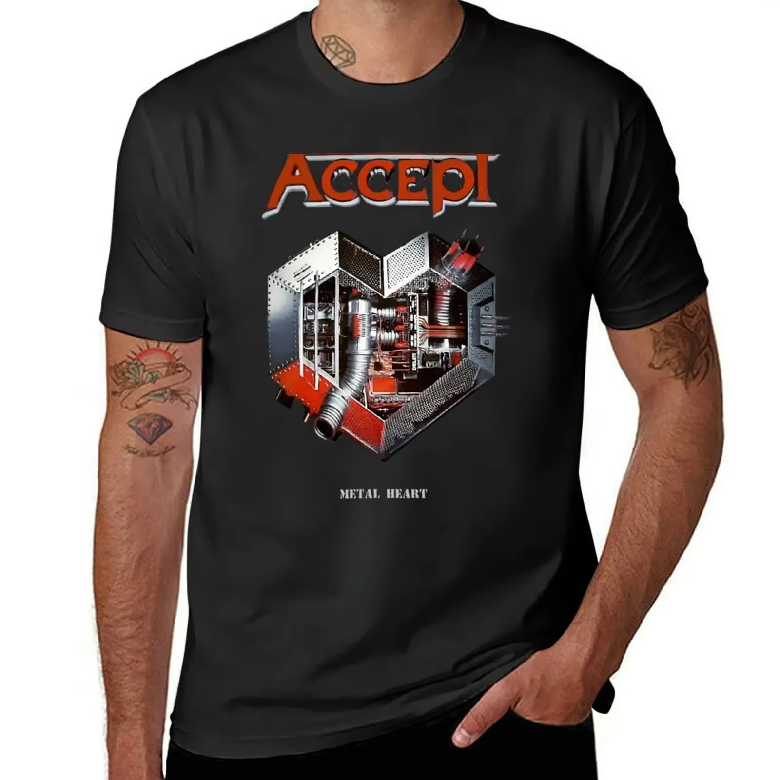 Accept-T-Shirt Vintage Surdimensionné pour Homme, Vêtement Graphique avec Cœur en Métal