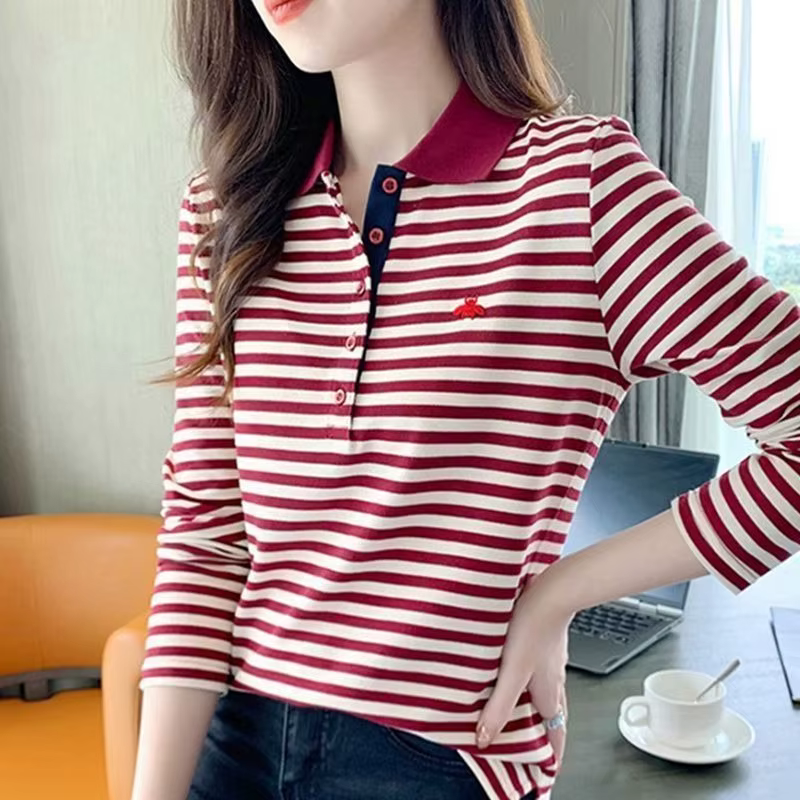 T-shirt polo amincissant coréen pour femme, 95% coton, coupe ample, manches longues, streetwear pour