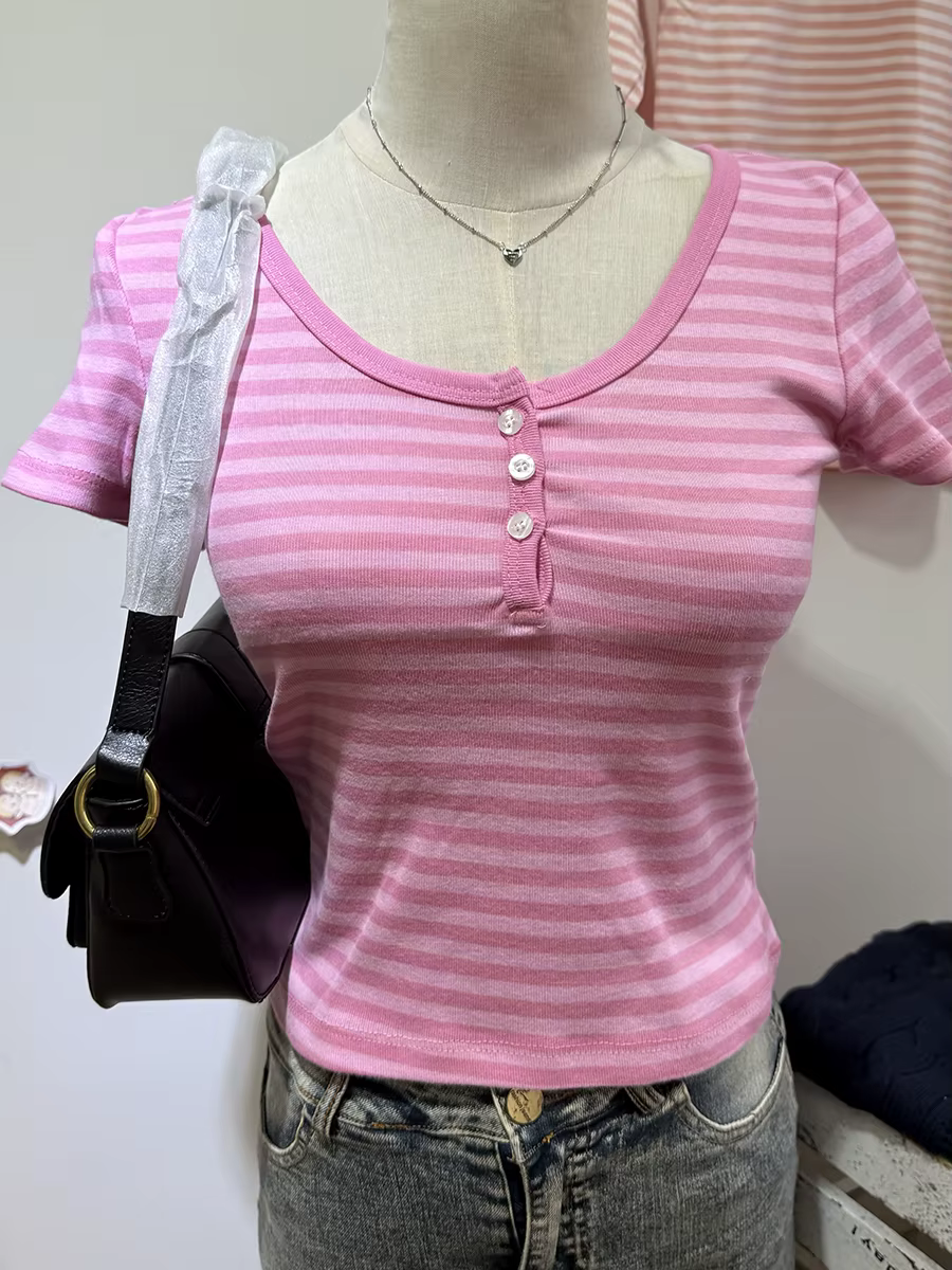 T-shirts à manches courtes col rond pour femmes, en coton, à rayures roses, Slim, décontracté, Simpl