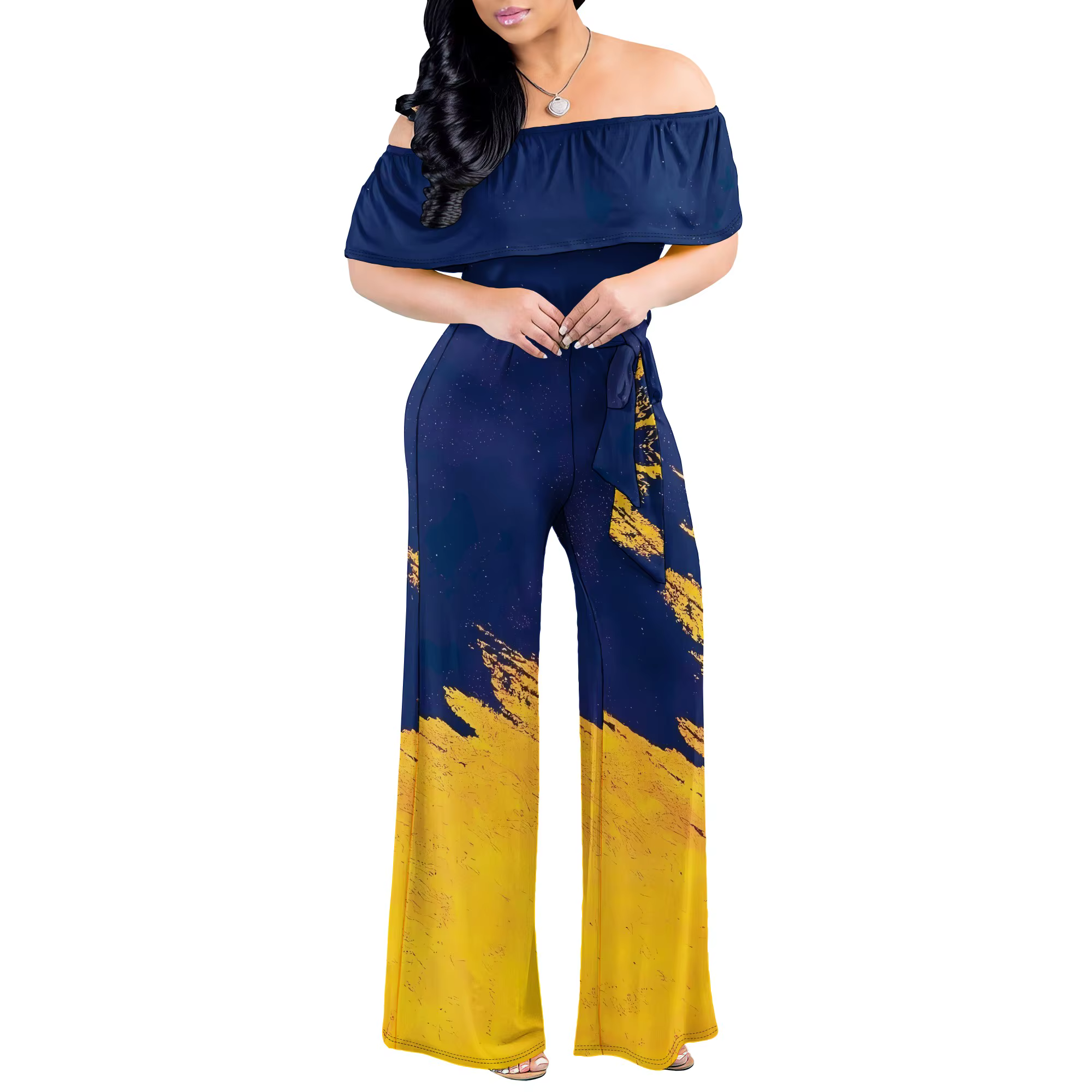 Combinaison Chic avec ceinture et épaules dénudées pour femmes, imprimé brosse abstraite, jambes lar