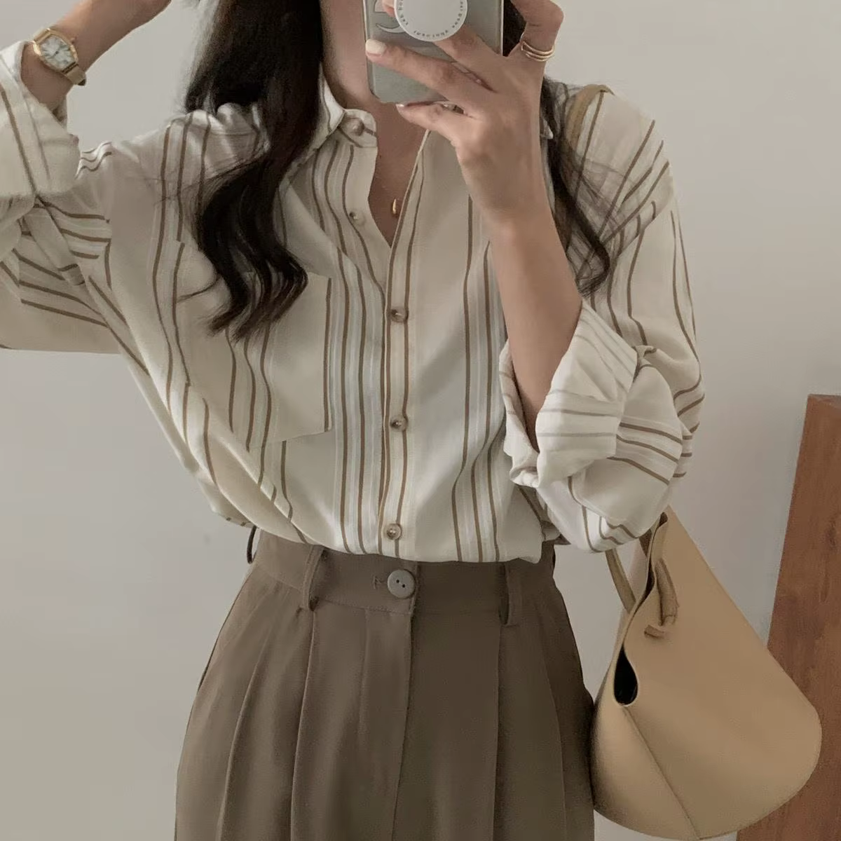 Chemise rayée à manches longues pour femmes, chemisier en mousseline de soie, t-shirts pour dames, h