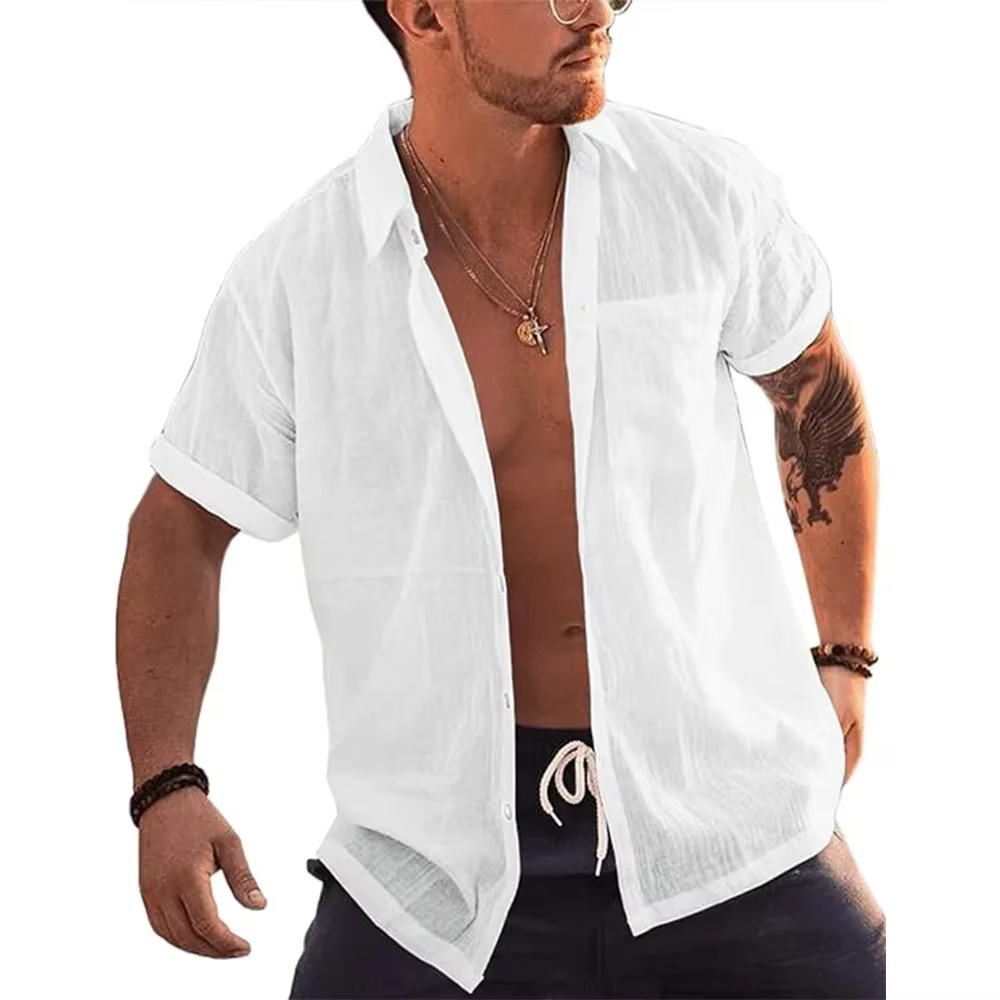 T-shirt à manches courtes pour hommes, chemises boutonnées, coton lin, col rabattu en Y, été, poche