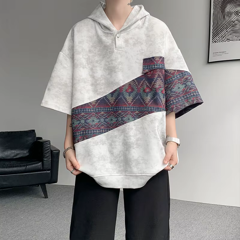 Hoodie surdimensionné style ethnique rétro tie-dye Hip Hop pour homme, chemise à capuche jacquard pa