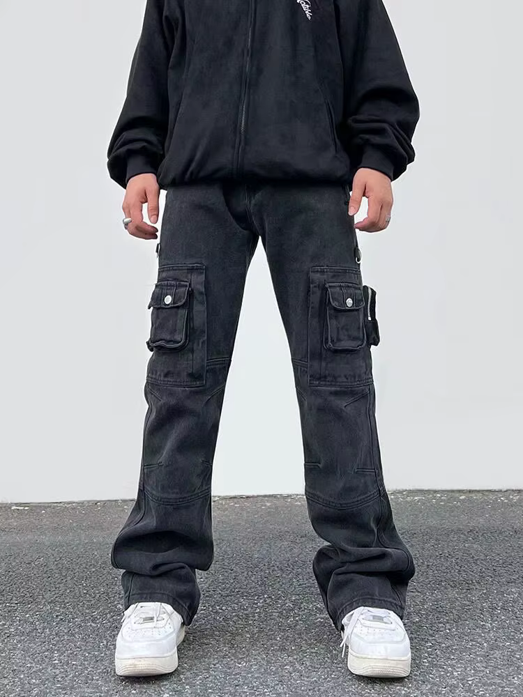 2025 Cyber Y2K Streetwear lavé noir mince Cargo jean Pantalon hommes vêtements Multi poches Hip Hop 
