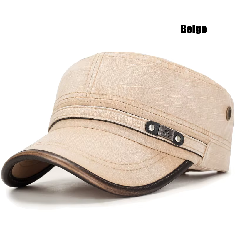 Casquette plate réglable en coton délavé blanc vieilli avec reliure en cuir, style cadet, chapeau de