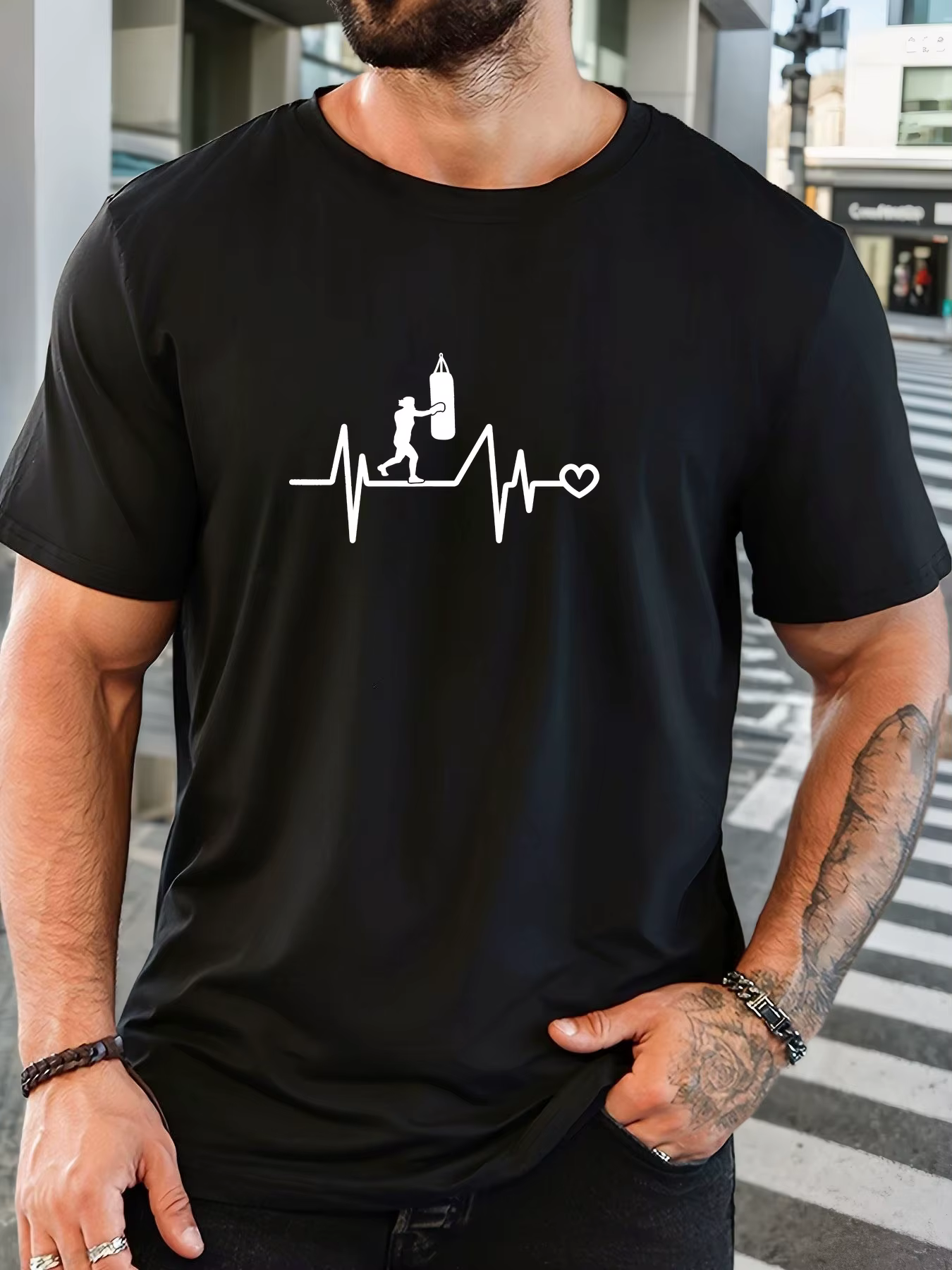 T-shirt court décontracté à col rond et motif de sport de boxe pour hommes